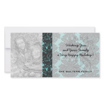 dark grey on aqua blue flourish damask personalized photo card