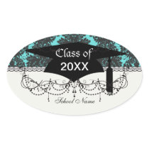 dark grey on tiffany blue flourish damask pattern oval stickers