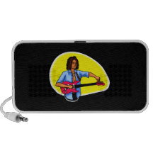 Dark skinned guitar player tuning pink red guitar speaker system