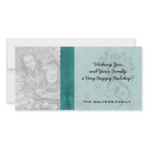 dark teal blue green distressed damask personalized photo card