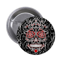 Day of the Dead Sugar Skull - Black, White & Red Button