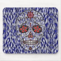 Day of the Dead Sugar Skull - Blue & Red Mouse Pads