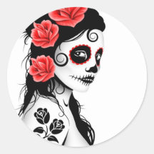 Day of the Dead Sugar Skull Girl - white Round Stickers
