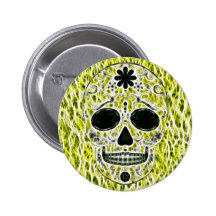 Day of the Dead Sugar Skull - Gold, Black & Green Pinback Button