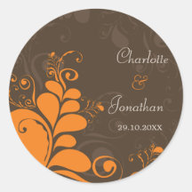 Deco Leaves Swirls Brown Gift Favours Label Sticke Round Stickers