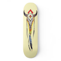 DECORATED BISON SKULL SKATEBOARD