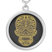 Decorative Yellow and Black Sugar Skull Custom Necklace