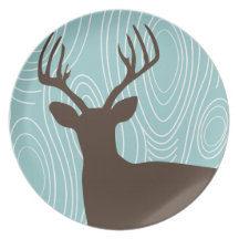 Deer Buck Silhouette Wood Grain Patio Plates