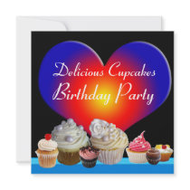 DELICIOUS CUPCAKES BIRTHDAY PARTY blue red heart Custom Invite