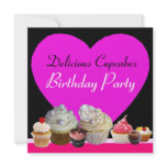 DELICIOUS CUPCAKES BIRTHDAY PARTY pink heart black invitations