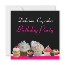 DELICIOUS CUPCAKES BIRTHDAY PARTY pink red black Custom Invite