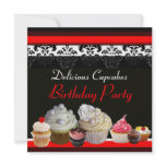 DELICIOUS CUPCAKES BIRTHDAY PARTY ,red pink black invitations