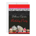 DELICIOUS CUPCAKES BIRTHDAY PARTY ,red pink black invitations