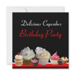 DELICIOUS CUPCAKES BIRTHDAY PARTY ,red pink black invitations