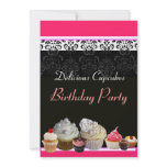 DELICIOUS CUPCAKES BIRTHDAY PARTY ,red pink black invitations