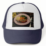 Delicious Halibut steak with carrots, fork & knife Hats