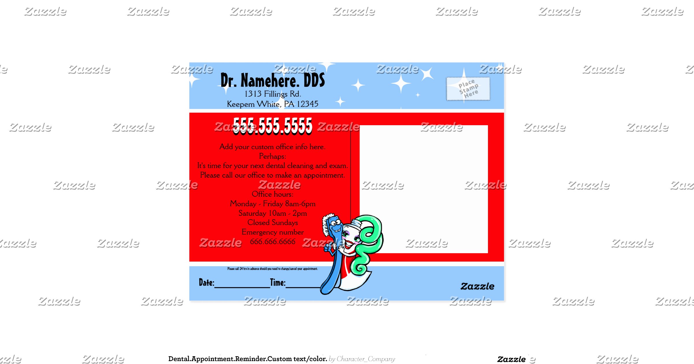 Dental.Appointment.Reminder.Custom text/colour. Postcard Zazzle