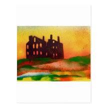 derelict mansion at sunset post card