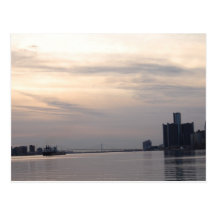 detroit skyline and freighter postcard