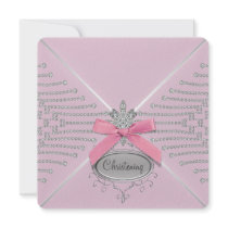 Diamond Bow Pink Christening Invitations