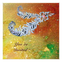 DIAMOND FEATHERS ,brown yellow green gold sparkles Invites