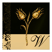 DIAMOND TULIPS , Black and Gold  Damask Monogram Custom Invite