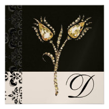 DIAMOND TULIPS , Black and White Damask Monogram Personalised Invitation