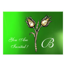 DIAMOND TULIPS MONOGRAM ,Green Emerald Personalized Announcements