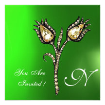DIAMOND TULIPS MONOGRAM ,Green Emerald Personalized Invitation