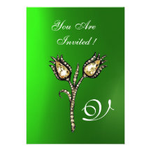 DIAMOND TULIPS MONOGRAM ,Green Emerald Personalised Invites