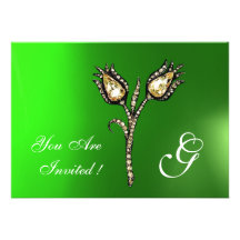 DIAMOND TULIPS MONOGRAM ,Green Emerald Invitations