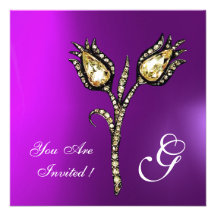 DIAMOND TULIPS MONOGRAM , Purple Violet Personalized Invitation