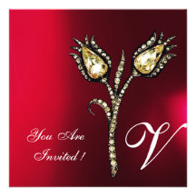 DIAMOND TULIPS MONOGRAM ,Red Burgundy White Personalised Invites