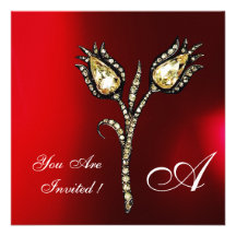 DIAMOND TULIPS MONOGRAM ,Red Burgundy White Invitation