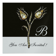 DIAMOND TULIPS MONOGRAM ,Silver Metallic Personalised Invites
