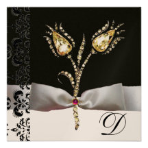 DIAMOND TULIPS ,Pink Black White Damask Monogram Personalised Invitations
