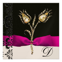 DIAMOND TULIPS ,Pink Black White Damask Monogram Personalised Invite