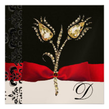 DIAMOND TULIPS , Red Black White Damask Monogram Invitation