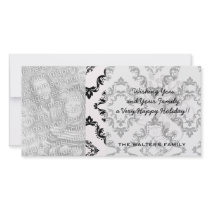 diamond white black damask elegance personalised photo card