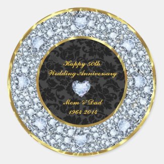 Diamonds, Black & Gold 50th Wedding Anniversary Round Sticker