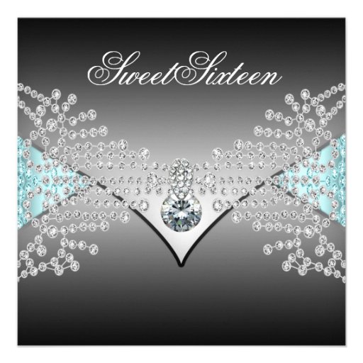 Diamonds Black Teal Blue Sweet Sixteen Birthday Invitation