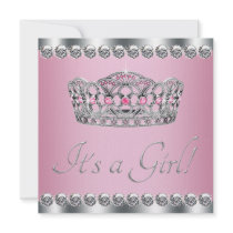 Diamonds Silver Tiara Pink Black Baby Shower Personalised Invitation