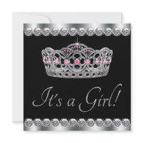 Diamonds Silver Tiara Pink Black Baby Shower Custom Announcement