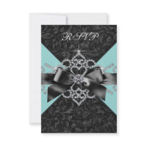 Diamonds Teal Blue Black Sweet 16 Birthday Party Custom Announcement