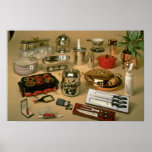 Different household objects arranged on table posters