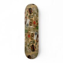 Different household objects arranged on table skate board decks