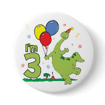 Dino 3rd Birthday Button