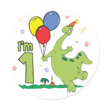 Dino First Birthday Round Stickers