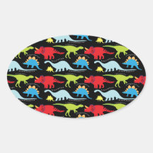 Dinosaur Designs Blue Red Green on Black Oval Stickers