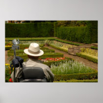 Disabled man in wheelchair in garden posters